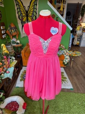 Deb Hot Pink Tulle Mini Dress with Sequin V-Detail